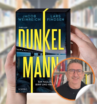 Thriller-Cover „Dunkelmann“ von Jacob Weinreich und Lars Finsen mit dunkler Szenerie und gelber Schrift.