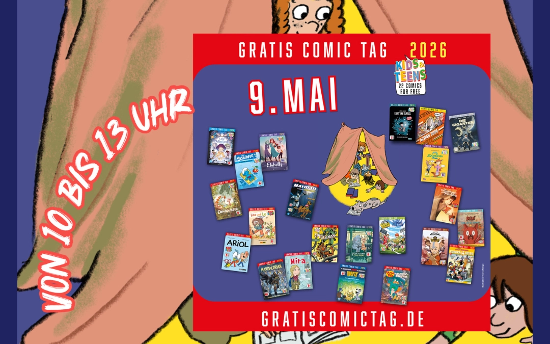 Plakat zum Gratis Comic Tag 2026 am 9. Mai mit zahlreichen Comic-Covern und Hinweis „von 10 bis 13 Uhr“.